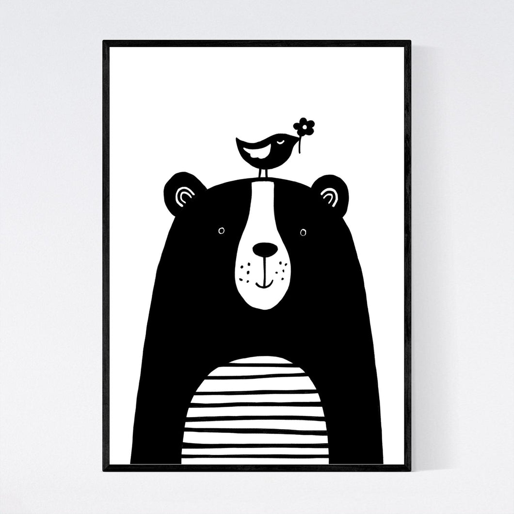 Happy Bear and Bird Print