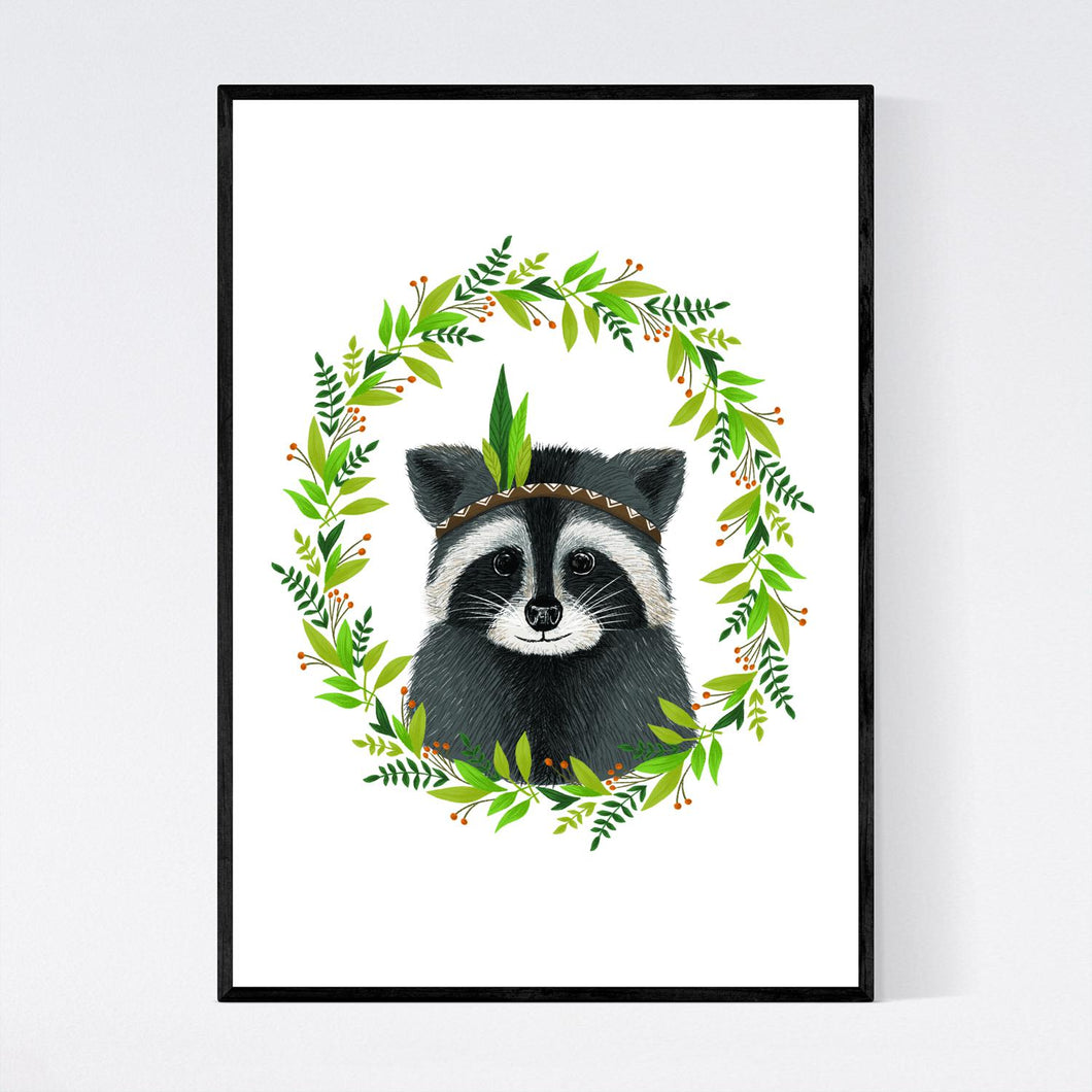 Cute Racoon with Leaves Print